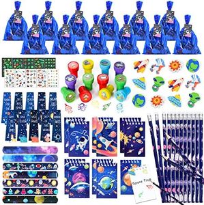 vamei 120 Pezzi Spazio Gadget Compleanno Bambini Set Cancelleria Quaderni Matite Gomma Segnalibro Timbri Tatuaggi Braccialetti Slap Sacchetti Regalo Giochi Spazio Regalini Festa Compleanno Bomboniere