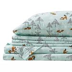 Comfort Spaces Cotton Flannel Breathable Warm Deep Pocket Sheets with Pillow Case Bedding, Twin, Seafoam Foxes 3 Piece