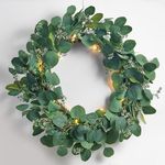 Eucalyptus Wreath with Lights - 23 Inch, Battery Operated, 80 LED Lights, Artificial Leaves with Seeded Flowers, Green Velvet Ribbon, Christmas Front Door Decor - Timer and Batteries Included