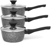 Salter Megastone Saucepan Set – 3-Piece, 16cm, 18cm, and 20 cm, 10 x Tougher Non-Stick, Induction Compatible, Long Lasting Forged Aluminium, PFOA-Free, Tempered Glass Lids, Dishwasher Safe