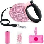Pink Rhinestone Retractable Dog Leash Bling 10ft, Sparkle Sparkling Pet Cat Leash for Small Breed, Bling Crystal Small Dog Leash Cute, Girl Dog Lead Waste Bags Dispenser Included, 360° Tangle-Free