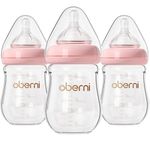 Oberni Anti-Colic Glass Baby Bottles with Slow Flow Breast-Like Silicone Teat, 150ml, 0+ Months, Wide-Neck, Pink/3Pack