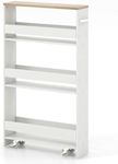 GiantexUK 4-Tier Kitchen Storage Trolley, Slide-Out Utility Rolling Cart with Wheels & Handle, Mobile Shelving Unit Organizer for Living Room Office & Laundry Room (White Body+Natural Top)