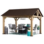 Sunjoy Wood Gazebo 11 x 13 ft. Outdoor Patio Premium Cedar Frame Gazebos with Brown Steel Gable Hardtop Roof for Garden, Backyard Shade, Brown Roof + Natural Wood Frame