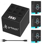 Hero 8/7/6 Battery, Artman 3-Pack 1500mAh Batteries and 3-Channel LED USB Charger Set for with GoPro Hero 8 Black, Hero 7 Black, Hero 6 Black.