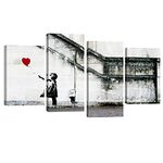 Wieco Art Famous Canvas Paintings Wall Art Banksy Grafitti Girl with Red Balloon Modern Large 4 Piece Inspirational Grey Love Giclee Pictures Print Artwork for Dining Room Kitchen Home Office Decor