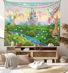 Ambesonne Cartoon Tapestry, Tale Castle Scenery in Floral Garden Girls Fantasy Picture, Wide Wall Hanging for Bedroom Living Room Dorm, 60" X 40", Pink Blue