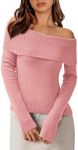 PRETTYGARDEN Women's Fall Off Shoulder Sweaters Y2K Long Sleeve Ribbed Knit Fitted Pullover Winter Date Night Tops Blouse (Bean Paste Pink,Medium)