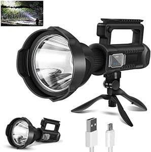 Uhanciny Rechargeable Spotlight Flashlight, 100000 Lumen LED Spot Lights Handheld Large Flashlight High Lumens Super Bright Outdoor Searchlight with 4 Modes, USB Output, IPX5 Waterproof, Tripod