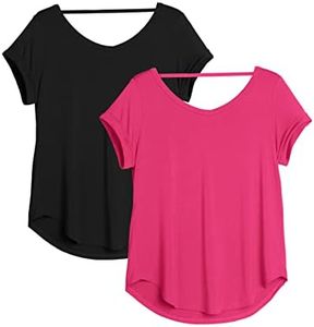 icyzone Open Back Yoga Shirts for Women - Exercise Workout Tops, Athletic Short Sleeves, Running T-Shirts Loose Fit (Black/Pink Lychee, M)