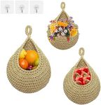 Winmany 3Pcs Hanging Fruit Baskets with Hooks for Kitchen, Garden Teardrop Basket Boho Wall Hanging Holder Wall Planters Handwoven Hanging Plant Basket Decor for Vegetable Onion Potato Storage (Brown)