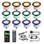 GEYUEYA Home WiFi Led Decking Lights RGBW Waterproof IP67 Multicolor Ø45MM 12V WiFi Function LED Deck Lights with Remote Control for Terrace/Patio/Path/Garden-12 Packs