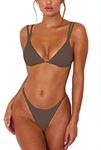 ForBeautyShe Women's Sexy Thong Bottom Two Piece Bikini Double Shoulder Straps Cute Swimsuit Triangle Bathing, Coffee, Medium