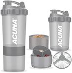 ACUNA Protein Shaker Bottle 600ml- 3 Layered Twist Off Cups For Pill & Supplement Storage - Steel Mixing Ball For Lump Free Smooth Shake- Easy To Clean Gym & Sports Shaker Bottle (Grey)