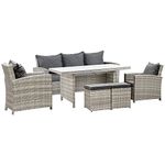 Outsunny 6 Pieces PE Rattan Garden Furniture Set with Three-seat, Armchairs and Footstools, Aluminium Patio Wicker Dining Sets w/Glass Top Dining Table, Soft Cushion, Light Grey