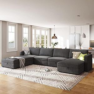HONBAY Modular Sectional Sofa with Storage, U Shaped Convertable Sectional Couch with Wide Chaise, Deep Seat Modular Sectional Sofa with Ottoman, Dark Grey