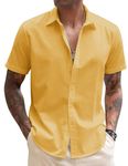 COOFANDY Men's Linen Casual Short Sleeve Shirts Button Down Summer Beach Shirt, Lemon Chrome, Large