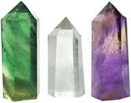 Set of 3 Healing Crystal Wands of 3 Stones: Clear Quartz, Fluorite, Amethyst Pointed & Faceted Prism Bars for Reiki Chakra Meditation Therapy Decor