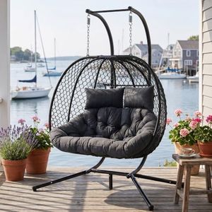 DAYARUS Double Egg Chair Outdoor with Stand, 2 Person Hanging Egg Chair Swing, Handwoven Braid Rope Rattan, Heavy Duty 800lbs Foldable Rocking Basket with Washable Cushions for Balcony, Black
