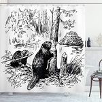 (180cm W By 180cm L, Multi 11) - Wildlife Decor Shower Curtain by Ambesonne, Eurasian Beaver Furry Aquatic Mammal by Creek in Forest Hand Drawn Image, Fabric Bathroom Decor Set with Hooks, 180cm , Black White