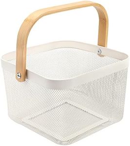 Yopay Mesh Steel Fruit Basket Bin with Wood Handle, White Hanging Storage Organizer, Farmhouse Harvest Gardening Basket for Cabinets, Cupboards, Shelves, Bathroom, Picnic, Shopping