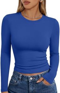 Trendy Queen Long Sleeve Shirts for Women Basic Spring Crop Tops Tees Tight Slim Fit Cute Going Out Outfits Teen Girls Fall Winter Y2k Clothing 2024 Royal Blue