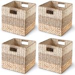 CHI AN HOME Wicker Storage Cubes, Set of 4 Heavy Duty Hyacinth Baskets for Shelf, 12x12 Storage Cube Bins, Natural Foldable Square Baskets for IKEA Kallax, Large Cubby Rattan Basket, Kallax Inserts