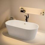 JABON BAGNO INFINITY Freestanding Bathtub 150 cm – White Glossy Acrylic Soaking Tub with Attractive Outer Grid Design, Overflow Drain, Brass Pop-Up Waste Coupling & Waste Pipe, 6-Layer Reinforced