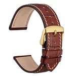 WOCCI 19mm Watch Band, Italian Leather, Embossed Alligator Grain, Gold Buckle (Brown/Beige Stitching)