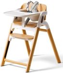 Momcozy DinerPal Wooden High Chair for Babies, Toddlers & Adults Up to 308 Lbs, Convertible Baby Highchair with Food-Grade Tray, Dishwasher-Safe, Adjustable & Ergonomic, Natural Wood