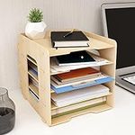 PUNCIA 5 Tiers Lengthways Wood Office Paper Organizer for Desk Desktop File Holder Stackable Letter Tray A4 Paper Sorter Document Book Magazine Mail Storage Shelf Rack Desk Literature Organizer