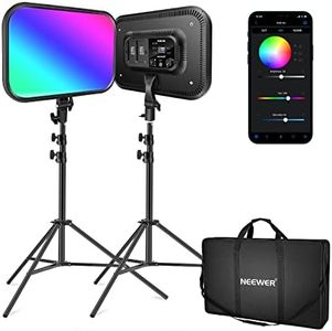 NEEWER 18.3" RGB LED Video Panel Light with App Control, 2 Pack Stand Kit, 360° Full Color/2500K~8500K/CRI97+/17 Scene Effects, 60W RGB168 Studio Lights for YouTube/Game Live Streaming/Photography