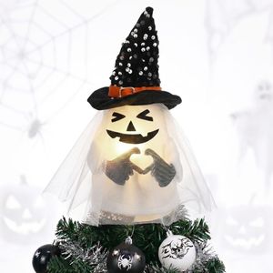 Valery Madelyn Halloween Ghost Lighted Tree Topper with Timer, 10.5 Inch Tree Topper with Spider Webs Witch Hat, Pre-Lit White Ghost Decor for Halloween Decoration, Indoor Party