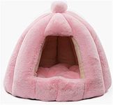 DHGTEP Fluffy Cat Cave & House - Heated, Hooded Bed with Removable Washable Cushions (Pink, 56x56x48cm)