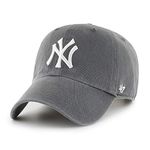 47 MLB New York Yankees Clean Up Unisex Baseball Cap, Adjustable Strap & Buckle, White Logo, Colour Charcoal Grey