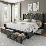 Feonase Full Size Bed Frame with 4 Storage Drawers, Modern Button Tufted Storage Headboard with Charging Station, Wooden Slats Support, Easy Assembly, No Box Spring Needed, Noise-Free (Dark Grey)