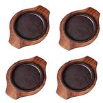 ARTISTIC Sheesham Small Dessert Round Serving Plate Brownie Sizzler Tray With Wooden Base, 5 Inch (4 Piece)