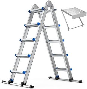 17FT Aluminum Foldabl Extension Ladder - Heavy-Duty A-Frame Adjustable Design for Home & Work, 330lbs Capacity, Retractable System with Safety Lock