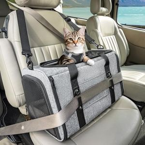 Petsfit Cat Carrier Airline Approved, Soft-Sided Pet Carrier with Patented Car Buckle, 3 Carrying Ways, Lightweight, Breathable, Escape Proof, with Adjustable Shoulder Strap and Soft Cushion,Grey