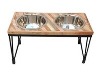 Sugan Acacia Wood Stripe Design Pet Feeder Crate with Stainless Steel Two Bowls Stand for Dog's & Cat Food (Large)