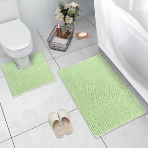 LINENOVA Chenille Bath Mat Set 2 Piece, Absorbent Non-Slip Bath Mat & U-Shaped Contour Toilet Rug, Plush Shaggy Bathroom Rug Set, Machine Wash, Pea-pod
