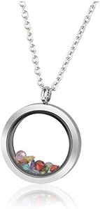 PiercingJ Living Memory Floating Locket Pendant Necklace Polished Round Stainless Steel Memorial Keepsake Glass Locket Necklace for Women, Free 12pcs Cubic Zirconia Birthstone