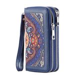 HAWEE Cellphone Wallet for Women Dual Zipper Long Purse with Removable Wristlet, Blue Floral