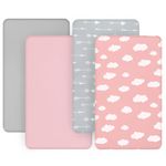 Pack and Play Sheets Fitted(38" x 26"), 4 Pack for Standard Pack and Play, Pack and Play Fitted Sheet, Breathable & Soft Microfiber, Grey/Pink