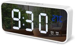 Digital Alarm Clock, Mirror HD Led Display, Sound Control, Dual Alarms, Snooze, Temperature, Volume&Brightness Adjustable, Rechargeable Backup Battery, Suitable for Bedrooms and Kids