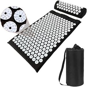 Yoga Acupressure Mat and Pillow Set with Bag - Extra Long 73X42cm Massage Acupuncture Mat - Naturally Relax Back, Neck and Feet Muscles - Stress and Pain Relief (Black)