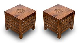 SATTVA Wooden Stools Combo for Living Room Sitting Chair for Home Handcrafted Antique Finish | Handmade Table for Office | Home Furniture | Outdoor/Indoor Décor | Square Stool (Set of 2)