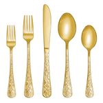 Runfly Vintage Carved Gold Stainless Steel 20 Pieces Flatware Set, Golden Silverware Set, Modern Embossed Cutlery Set Utensils Including Fork Spoon and Knife