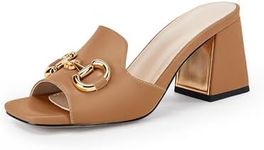 gihubafuil Womens Sandals Chunky Heel Peep Toe Slides Single Band Comfort Mules Slip-on with Metal Chain for Summer, Brown, Size 6.5
