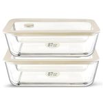 Glass Food Container Set with Glass Lid, Large Glass Meal Prep Container Set, Airtight Glass Food Storage Containers with Air Vent Lid, 2 Pack, Large, 87oz, LeakProof, 100% Plastic Free, White color,